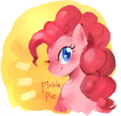 Size: 735x705 | Tagged: safe, artist:beta24, derpibooru import, pinkie pie, earth pony, pony, bust, female, looking at you, mare, one eye closed, smiling, solo