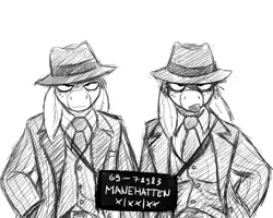 Size: 1280x1024 | Tagged: safe, artist:gordonfreeguy, derpibooru import, oc, oc:donk, oc:donk sis, unofficial characters only, anthro, donkey, barely pony related, clothes, donk twins, gangster, hat, mobster, monochrome, necktie, sketch, suit, tongue out