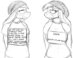 Size: 500x400 | Tagged: anthro, artist:gordonfreeguy, barely pony related, derpibooru import, donkey, donkey shaming, donk twins, monochrome, oc, oc:donk, oc:donk sis, pet shaming, pony shaming, safe, shaming, sign, sketch, unofficial characters only