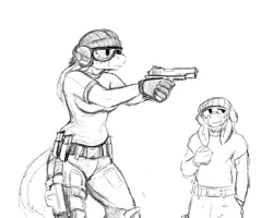 Size: 1280x1024 | Tagged: anthro, artist:gordonfreeguy, belt, cute, derpibooru import, donkey, donk twins, goggles, gun, gun magazine, handgun, headphones, holster, m1911, monochrome, oc, oc:donk, oc:donk sis, safe, sketch, target practice, unofficial characters only