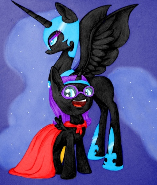 Size: 744x873 | Tagged: safe, artist:velisap, derpibooru import, nightmare moon, oc, oc:nyx, alicorn, pony, fanfic:past sins, alicorn oc, cape, clothes, cmc cape, dress, glasses, nightmare nyx, two sides