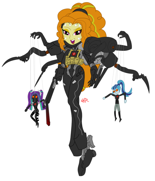 Size: 2359x2764 | Tagged: safe, artist:e-e-r, derpibooru import, adagio dazzle, aria blaze, sonata dusk, equestria girls, crossover, konami, metal gear, metal gear solid 4, psycho mantis, puppet, screaming mantis, simple background, the dazzlings, the sorrow, transparent background