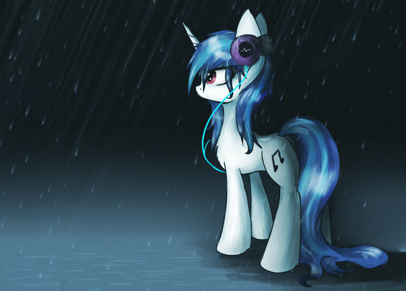 Size: 1500x1079 | Tagged: artist:irigulus, derpibooru import, headphones, rain, safe, solo, vinyl scratch, wet, wet mane