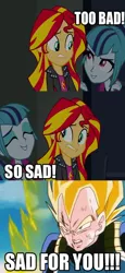 Size: 366x797 | Tagged: safe, derpibooru import, sonata dusk, sunset shimmer, equestria girls, dragon ball z, dragonball z abridged, image, jpeg, screencap comic, text, vegeta