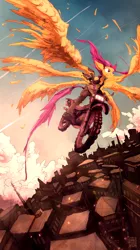 Size: 889x1588 | Tagged: anthro, artist:loukolaworks, badass, city, clothes, derpibooru import, jacket, motorcycle, multiple wings, older, safe, scootaloo, scootaloo can fly, seraph, solo, wings