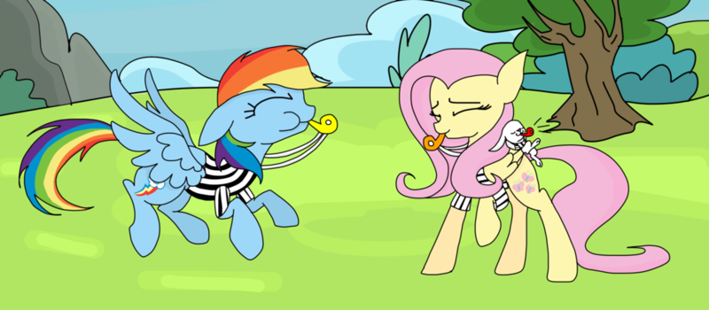 Size: 1024x448 | Tagged: safe, artist:violetandblaire, derpibooru import, angel bunny, fluttershy, rainbow dash, blowing, blowing whistle, casual, cute, dashabetes, giggling, laughing, puffy cheeks, rainblow dash, referee, referee rainbow dash, relaxed, shyabetes, smiling, whistle, whistle necklace