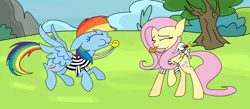 Size: 1024x448 | Tagged: safe, artist:violetandblaire, derpibooru import, angel bunny, fluttershy, rainbow dash, blowing, blowing whistle, casual, cute, dashabetes, giggling, laughing, puffy cheeks, rainblow dash, referee, referee rainbow dash, relaxed, shyabetes, smiling, whistle, whistle necklace