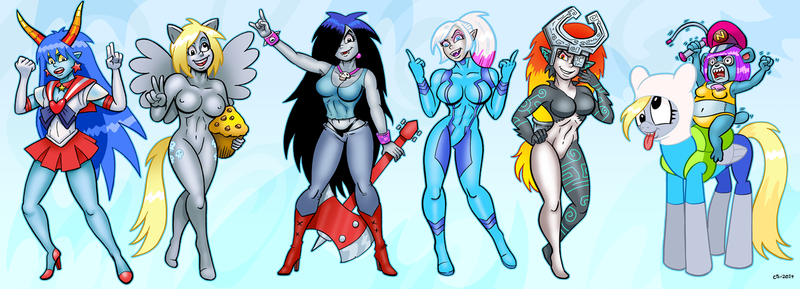 Size: 1280x463 | Tagged: adventure time, anthro, artist:curtsibling, axe, breasts, catty n, clothed female nude female, clothes, costume, derpibooru import, derpy hooves, female, halloween, homestuck, human, marceline, metroid, middle finger, midna, muffin, nipples, nudity, oc, oc:pegaslut, peace sign, questionable, sailor mars, sailor moon, samus aran, the legend of zelda, the legend of zelda: twilight princess, tom preston, troll, vampire, vulgar, whip