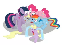 Size: 1100x800 | Tagged: grimdark, artist:shutterflye, derpibooru import, edit, derpy hooves, dinky hooves, pinkie pie, rainbow dash, twilight sparkle, pegasus, pony, blood, cannibalism, crying, female, fetish, hard vore, licking, mare, pinkie pred, preddash, twipred, vore