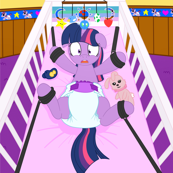 Size: 3000x3000 | Tagged: artist:fillyscoots42, binky, bondage, crib, cuffs, derpibooru import, diaper, diaper bondage, diaper fetish, diaper slave, pacifier, plushie, poofy diaper, questionable, super crinkle pony adventure 64, twilight sparkle