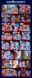 Size: 1248x3042 | Tagged: suggestive, artist:sorcerushorserus, derpibooru import, derpy hooves, dumbbell, firefly, gilda, rainbow dash, surprise, oc, oc:red sorena, gryphon, pegasus, pony, comic:dash academy, alarm clock, bed, blushing, comic, cough, dashfly, drawer, female, g1, hat, holding hooves, hotel, hotel room, key card, kissing, lamp, lesbian, mare, movie, night, pillow, remote control, shipping, sleeping, television