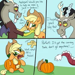 Size: 1280x1280 | Tagged: safe, artist:skitter, derpibooru import, applejack, discord, draconequus, earth pony, pony, applejack-o-lantern, comic, female, floppy ears, frown, grin, i have no mouth and i must scream, inanimate tf, male, mare, open mouth, pumpkin, smiling, squishy cheeks, this will end in death, this will end in tears, this will end in tears and/or death, this will not end well, transformation