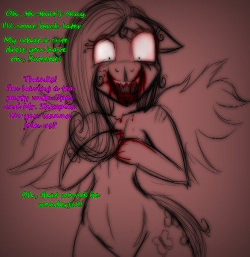 Size: 500x515 | Tagged: grimdark, artist:lil miss jay, derpibooru import, fluttershy, sweetie belle, anthro, semi-anthro, ask lil miss rarity, blood, carnivore shy, scar, tumblr