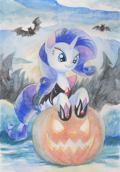 Size: 719x1024 | Tagged: artist:cannibalus, bat, clothes, costume, derpibooru import, jack-o-lantern, nightmare night, pumpkin, rarity, safe, solo, traditional art, watercolor painting