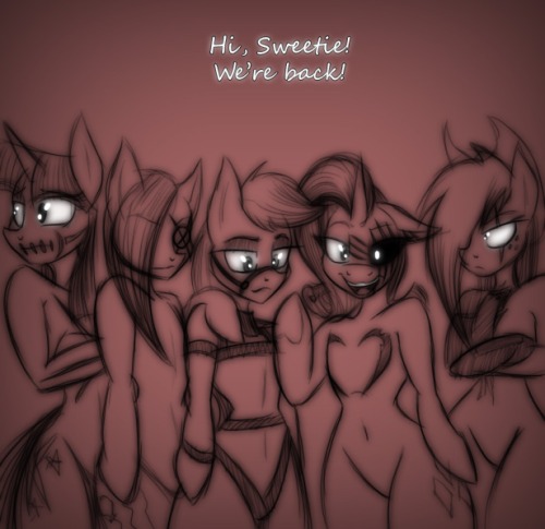 Size: 500x485 | Tagged: grimdark, suggestive, artist:lil miss jay, derpibooru import, applejack, pinkie pie, rainbow dash, rarity, twilight sparkle, anthro, unguligrade anthro, ask lil miss rarity, lil-miss rarity, aj the huntress, amputee, button, button pie, clothes, eyeliner, group shot, lingerie, pinkamena diane pie, prosthetic leg, prosthetic limb, prosthetics, saddle, saddledash, scar, tarot sparkle, tumblr