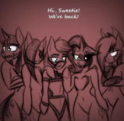 Size: 500x485 | Tagged: grimdark, suggestive, artist:lil miss jay, derpibooru import, applejack, pinkie pie, rainbow dash, rarity, twilight sparkle, anthro, unguligrade anthro, ask lil miss rarity, lil-miss rarity, aj the huntress, amputee, button, button pie, clothes, eyeliner, group shot, lingerie, pinkamena diane pie, prosthetic leg, prosthetic limb, prosthetics, saddle, saddledash, scar, tarot sparkle, tumblr