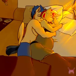 Size: 1000x1000 | Tagged: suggestive, artist:arnachy, derpibooru import, flash sentry, sunset shimmer, anthro, bed, bedroom, belly, book, boxer briefs, clothes, couple, crepuscular rays, cuddling, cute, eyes closed, female, flashimmer, hug, lingerie, love, male, marriage, married, married couple, morning, pillow, pregnant, ring, see-through, shipping, side, sleeping, snuggling, spooning, straight, topless, underwear, wedding ring