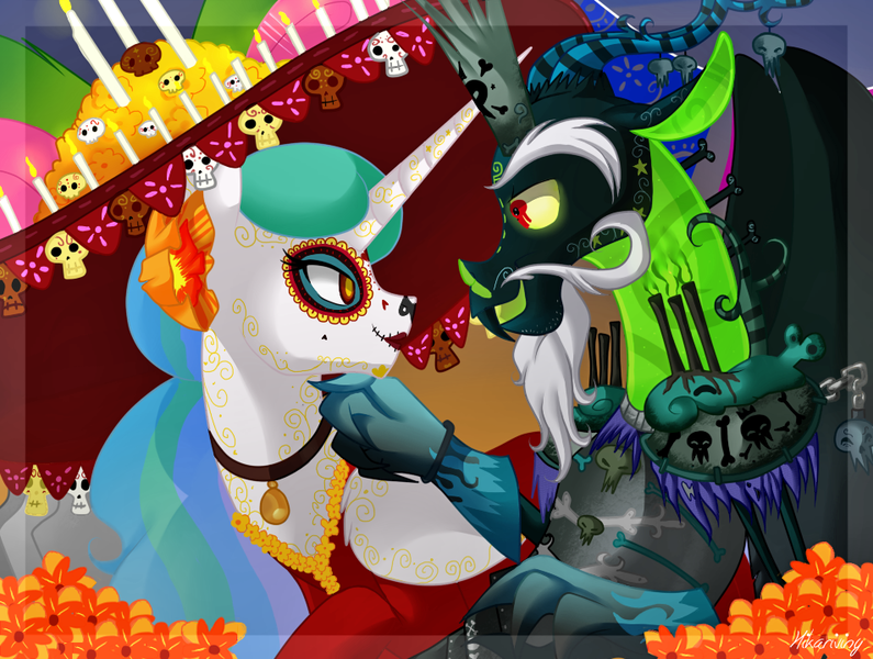 Size: 953x719 | Tagged: safe, artist:hikariviny, derpibooru import, discord, princess celestia, dia de los muertos, dislestia, female, la muerte, male, shipping, straight, the book of life, xibalba