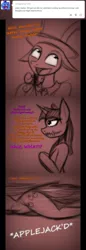 Size: 644x1865 | Tagged: safe, artist:lil miss jay, derpibooru import, applejack, twilight sparkle, oc, oc:malice, anthro, demon, unguligrade anthro, ask lil miss rarity, aj the huntress, ask, meme face, tackle, tarot sparkle, tumblr