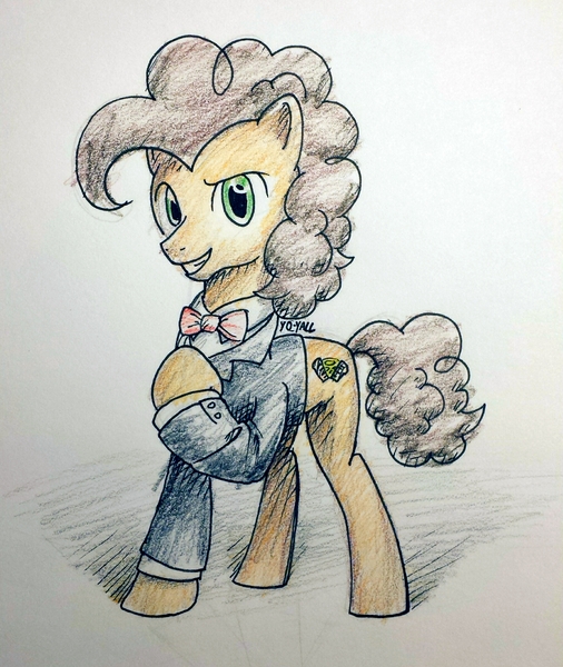 Size: 1836x2176 | Tagged: artist:yo-yall, bowtie, cheese sandwich, clothes, cute, derpibooru import, diacheeses, grin, looking at you, raised eyebrow, safe, solo, traditional art, tuxedo