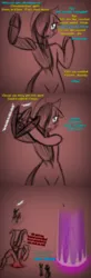 Size: 577x1767 | Tagged: semi-grimdark, artist:lil miss jay, derpibooru import, applejack, rainbow dash, trixie, oc, oc:belphegor, oc:calibos, anthro, demon, unguligrade anthro, ask lil miss rarity, aj the huntress, amputee, carousel boutique, comic, harpoon, magic, prosthetic leg, prosthetic limb, prosthetics, saddledash, scar, tumblr