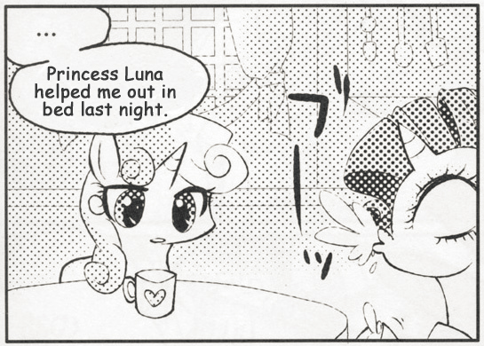 Size: 545x390 | Tagged: safe, derpibooru import, princess luna, rarity, sweetie belle, pony, unicorn, ..., dream walker luna, exploitable meme, female, filly, innocent innuendo, many many pony, mare, meme, mug, out of context, spit take