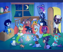 Size: 1362x1129 | Tagged: artist:cuddlehooves, bunny pajamas, candy, crib, cuddlehooves is trying to murder us, cute, derpibooru import, diaper, foal, oc, oc:amber heart, oc:cobalt arrow, oc:deep injection, oc:dusk shadow, oc:plinkie poi, oc:renapony, oc:vissy, pacifier, poofy diaper, safe, slenderman, slenderpony, unofficial characters only