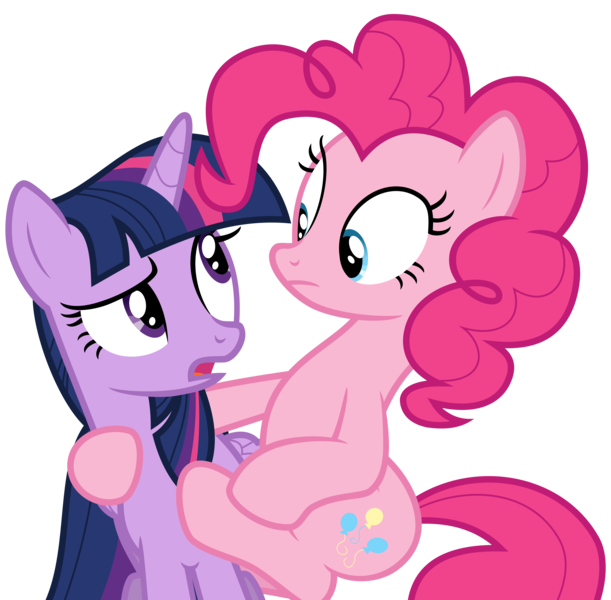 Size: 7662x7523 | Tagged: safe, artist:decprincess, derpibooru import, pinkie pie, twilight sparkle, twilight sparkle (alicorn), alicorn, pony, .svg available, absurd resolution, eye contact, female, holding, mare, simple background, transparent background, vector