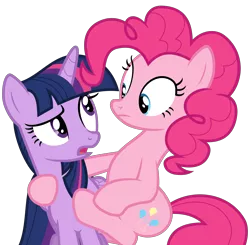 Size: 7662x7523 | Tagged: safe, artist:decprincess, derpibooru import, pinkie pie, twilight sparkle, twilight sparkle (alicorn), alicorn, pony, .svg available, absurd resolution, eye contact, female, holding, mare, simple background, transparent background, vector