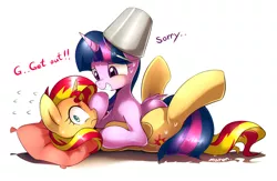 Size: 2800x1821 | Tagged: suggestive, artist:maren, derpibooru import, sunset shimmer, twilight sparkle, twilight sparkle (alicorn), alicorn, pony, unicorn, blushing, bucket, caught, embarrassed, female, headbucket, lesbian, shipping, sunsetsparkle