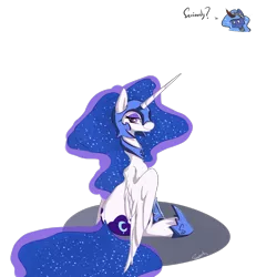 Size: 1292x1399 | Tagged: dead source, safe, artist:spaerk, derpibooru import, king sombra, nightmare moon, princess celestia, princess luna, pony, accessory swap, cosplay, looking at you, mane swap, mlpgdraws, sitting, smiling, spread wings, unamused