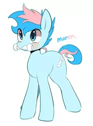 Size: 1687x2287 | Tagged: safe, artist:maren, derpibooru import, oc, oc:blue chewings, unofficial characters only, earth pony, pony, behaving like a dog, bone, chew toy, image, mouth hold, multicolored hair, png, solo