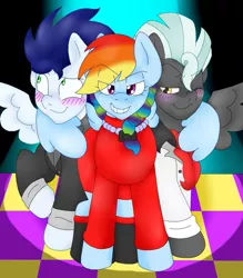 Size: 837x954 | Tagged: safe, artist:blackbewhite2k7, derpibooru import, rainbow dash, soarin', thunderlane, pegasus, pony, blushing, clothes, female, hug, male, mare, rainbow dash gets all the stallions, shipping, soarindash, stallion, straight, thunderdash, winghug