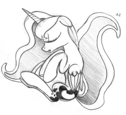 Size: 2256x2049 | Tagged: artist:uminanimu, derpibooru import, eyes closed, floppy ears, grayscale, lunadoodle, monochrome, princess luna, safe, side, sleeping, solo, traditional art