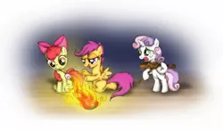 Size: 1600x942 | Tagged: safe, artist:dcpip, derpibooru import, apple bloom, scootaloo, sweetie belle, earth pony, pegasus, pony, unicorn, cutie mark crusaders, female, filly, fire, guitar, marshmallow, violin