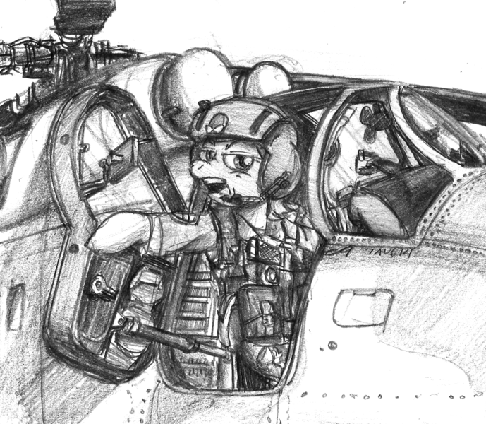 Size: 1128x982 | Tagged: artist:buckweiser, clothes, derpibooru import, flight suit, helicopter, helicopter pilot, helmet, mi-24, ms. harshwhinny, safe, sketch, traditional art