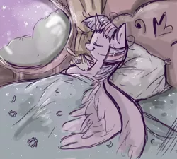 Size: 1000x900 | Tagged: safe, artist:staticdragon1, derpibooru import, smarty pants, twilight sparkle, twilight sparkle (alicorn), alicorn, pony, bed, female, golden oaks library, mare, night, pillow, sleeping, smiling, solo, spread wings, stars, window