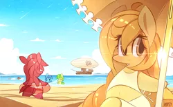 Size: 1680x1050 | Tagged: safe, artist:lifeloser, derpibooru import, oc, unofficial characters only, pony, shark, airship, banana, bandaid, beach, belly button, bikini, bipedal, boat, chibi, clothes, cloud, cloudy, cute, eyes closed, inner tube, sky, smiling, strawberry, swimsuit, umbrella, water
