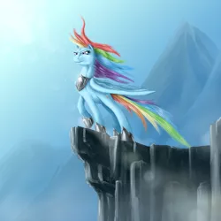 Size: 1268x1268 | Tagged: armor, artist:bertross, cliff, derpibooru import, determined, ledge, mountain, older, rainbow dash, safe, solo, sunlight, windswept mane