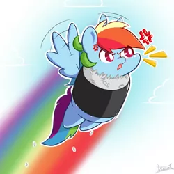 Size: 712x712 | Tagged: safe, artist:aerostoner, derpibooru import, rainbow dash, angry, basashi, chibi, cross-popping veins, cute, dashabetes, flying, food, meat, solo, sushi, sushi pony