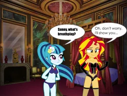 Size: 800x600 | Tagged: suggestive, derpibooru import, edit, sonata dusk, sunset shimmer, equestria girls, rainbow rocks, bed, bedroom, breasts, breathplay, clothes, female, imminent sex, innocent, lesbian, lingerie, naive, panties, photoshop, scared yet excited, shipping, sunata, this will end in tears, underwear, underwear edit, vector