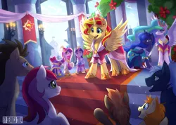 Size: 1284x913 | Tagged: safe, artist:seanica, derpibooru import, button mash, doctor whooves, princess cadance, princess celestia, princess luna, pumpkin cake, roseluck, star hunter, sunset shimmer, time turner, twilight sparkle, twilight sparkle (alicorn), alicorn, earth pony, pony, alicorn tetrarchy, alicornified, clothes, coronation, dress, good end, jack harkness, race swap, shimmercorn