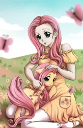 Size: 1479x2264 | Tagged: safe, artist:somedaysakuhin, derpibooru import, fluttershy, human, pony, clothes, cute, female, human coloration, human ponidox, humanized, looking at you, mare, open mouth, self ponidox, shoes, shyabetes, smiling