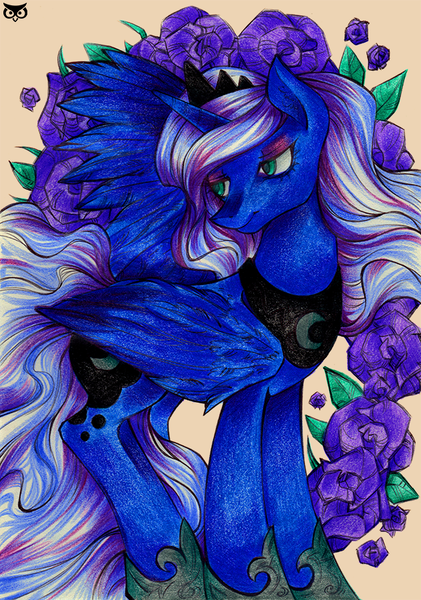 Size: 632x900 | Tagged: safe, artist:madblackie, derpibooru import, princess luna, flower, solo, traditional art