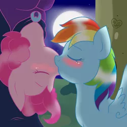 Size: 2000x2000 | Tagged: safe, artist:stockingstreams, derpibooru import, mare do well, pinkie pie, rainbow dash, blushing, clothes, costume, eyes closed, female, kissing, lesbian, moon, night, pinkiedash, scene interpretation, shipping, spider-man, upside down, upside down kiss