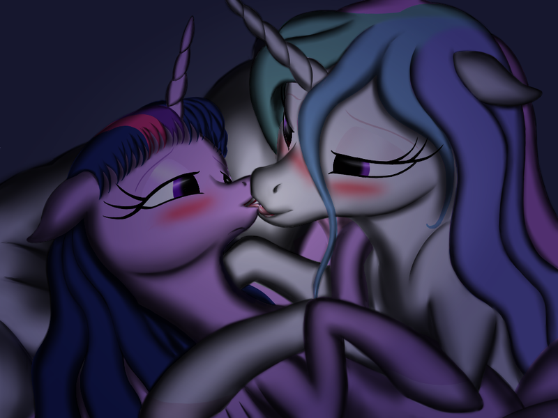 Size: 1024x768 | Tagged: suggestive, artist:vasillium, derpibooru import, princess celestia, twilight sparkle, twilight sparkle (alicorn), alicorn, pony, dark, female, kissing, lesbian, mare, shipping, twilestia