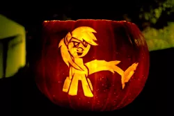 Size: 960x640 | Tagged: artist:salamandra, derpibooru import, jack-o-lantern, oc, oc:hatii, original species, pumpkin, safe, shark pony, unofficial characters only