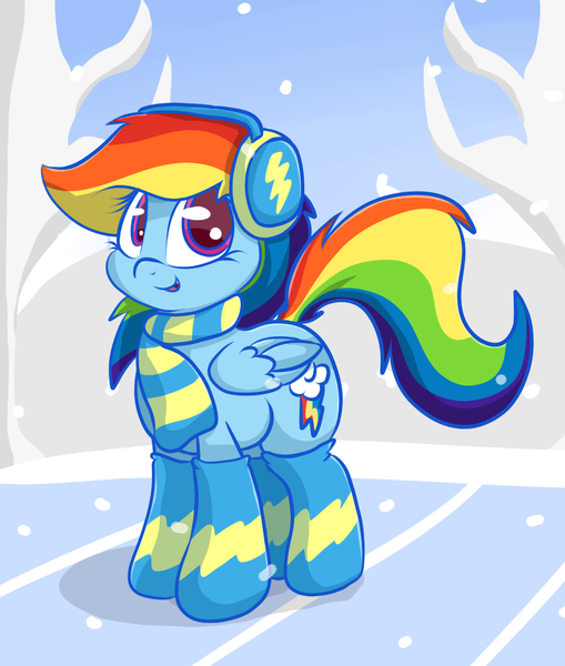 Size: 956x1126 | Tagged: safe, artist:graphene, derpibooru import, rainbow dash, pegasus, pony, clothes, earmuffs, ice, scarf, snow, snowfall, socks, solo