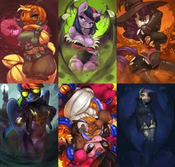 Size: 3150x3000 | Tagged: suggestive, artist:atryl, derpibooru import, applejack, fluttershy, pinkie pie, rainbow dash, rarity, twilight sparkle, twilight sparkle (alicorn), alicorn, anthro, succubus, unguligrade anthro, alternate hairstyle, breasts, busty applejack, busty fluttershy, busty pinkie pie, busty rainbow dash, busty rarity, busty twilight sparkle, cleavage, clothes, collage, cosplay, costume, darkstalkers, eyepatch, fangs, female, fishnets, flutterbat, gloves, glowing eyes, goggles, grin, gritted teeth, halloween, hat, holiday, image, jack-o-lantern, jacket, latex, latex suit, leotard, looking at you, makeup, mane six, monster, monster mare, moon, morrigan aensland, night, nightmare night, nudity, patreon, patreon logo, pirate, png, pumpkin, scarecrow, shadowbolt dash, shadowbolts, shadowbolts costume, smiling, socks, spread wings, stockings, tentaclepie, tentacles, thigh highs, thighlight sparkle, thunder thighs, tongue out, torn clothes, wings, witch, witch hat