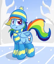 Size: 958x1126 | Tagged: safe, artist:graphene, derpibooru import, rainbow dash, pegasus, pony, beanie, clothes, cute, hat, ice, scarf, snow, snowfall, socks, solo